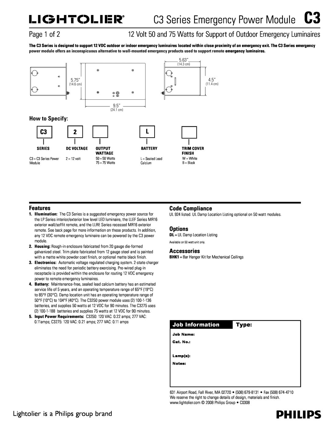 Lightolier C3 Series manual C3 Series Emergency Power ModuleC3, Page 1 of, Lightolier is a Philips group brand, Features 